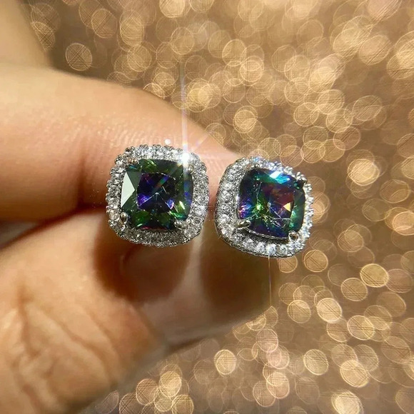🍁 Square Colorful Micro Pave Zircon Stud Earrings for Women, EVGG1032 - Picture 1 of 10